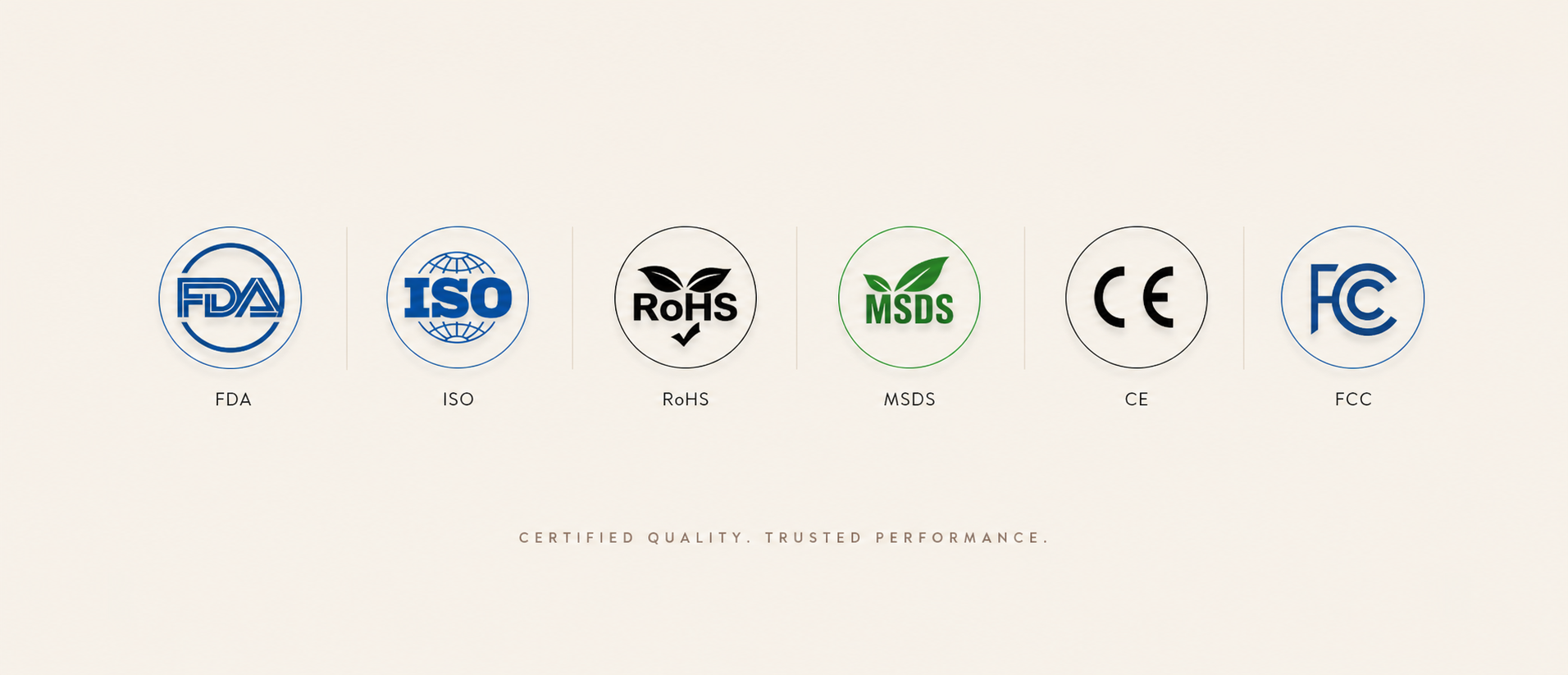 FDA, ISO, RoHS, MSDS, CE and FCC quality and compliance marks